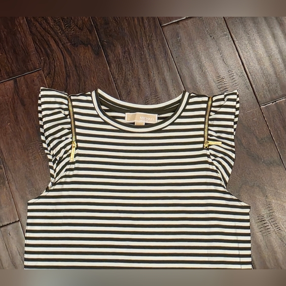 Michael Kors Olive & White Striped Dress XS Gold Shoulder Zippers 🚢 - Picture 6 of 9